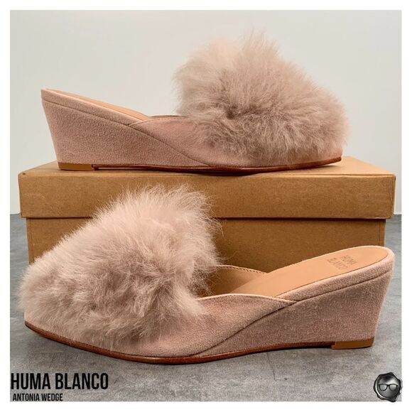 ANTHROPOLOGIE HUMA BLANCO ANTONIA WEDGE MULE SANDAL IN ROSE PINK ALPACA FUR TRIM - Picture 4 of 16